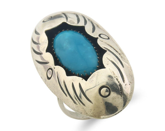 Navajo Ring 925 Sterling Turquoise Handmade Native Artist C.80's Size 7.5