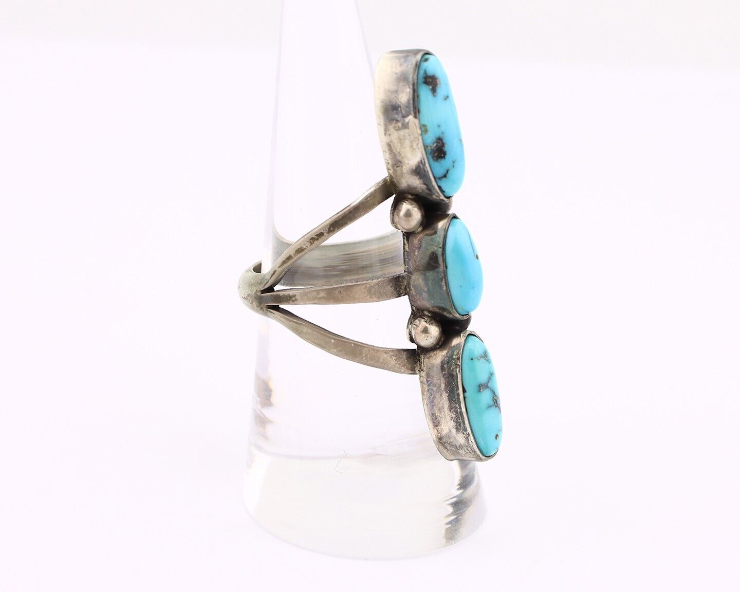 Navajo 3 Stone Ring 925 Silver Blue Turquoise Native American Artist C.80's