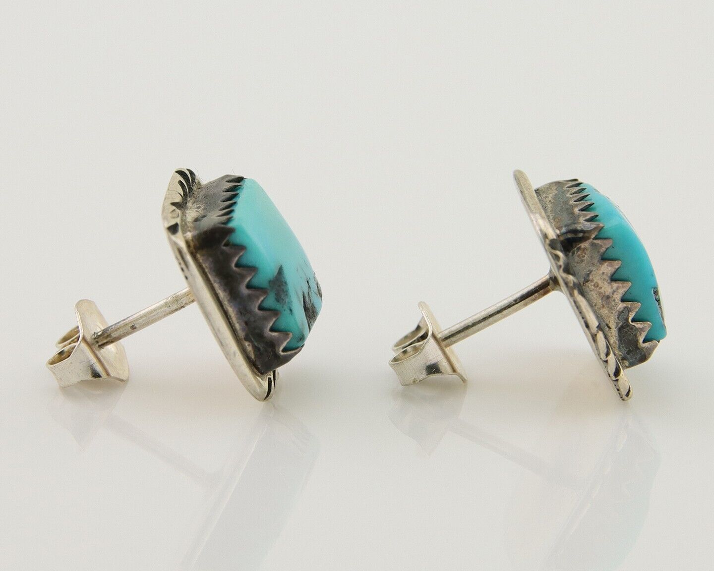 Navajo Hand Stampied Earrings 925 Silver Blue Turquoise Native Artist C.80's
