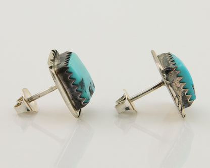 Navajo Hand Stampied Earrings 925 Silver Blue Turquoise Native Artist C.80's
