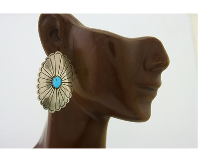 Navajo Earrings 925 Silver Natural Turquoise Artist Signed Running Bear C80s