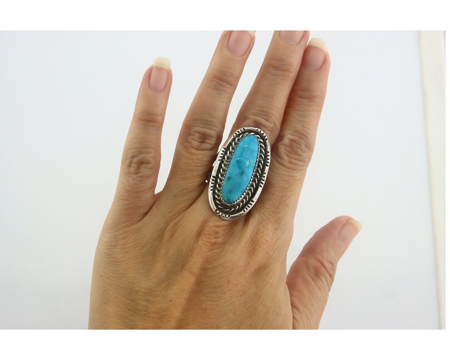 Navajo Ring 925 Sterling Turquoise Handmade Signed Jack Tom C.80's Size 7.75