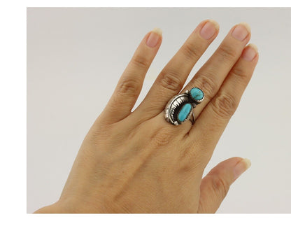 Navajo 2 Stone Ring 925 Silver Kingman Turquoise Native American Artist C.80's