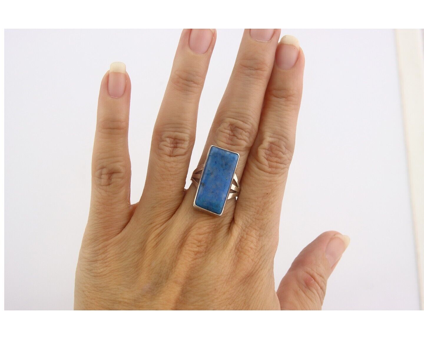 Navajo Ring 925 Sterling Lapis Handmade Native Artist C.80's Size 6.0