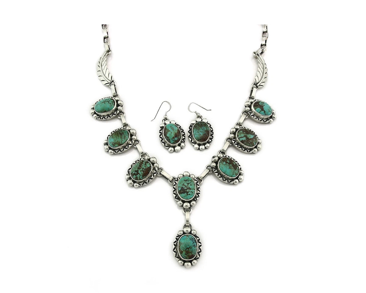 Navajo Necklace Earring Set Natural Turquoise Vintage Signed Gecko C.80's