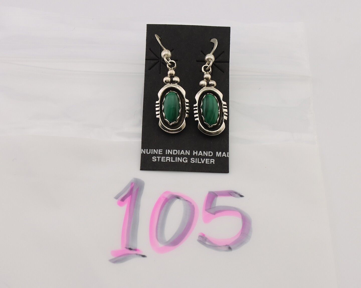 Navajo Dangle Earrings 925 Silver Natural Malachite Native American Artist C.80s
