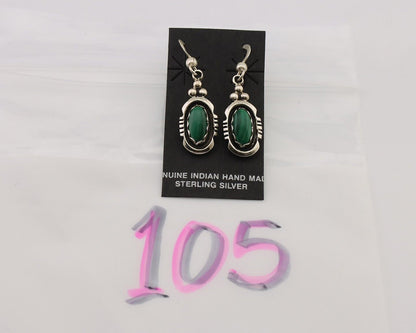 Navajo Dangle Earrings 925 Silver Natural Malachite Native American Artist C.80s