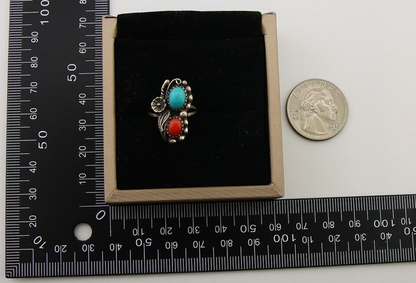 Navajo Ring 925 Silver Turquoise & Coral Native American Artist C.80's