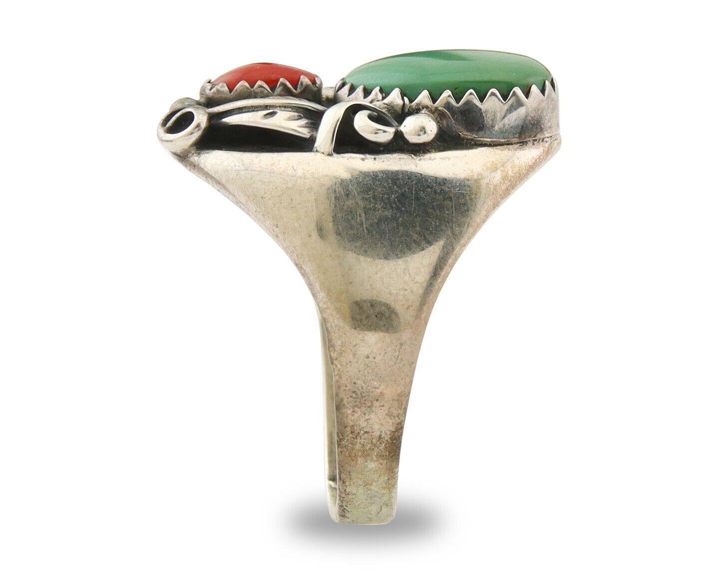 Navajo Ring 925 Sterling Turquoise & Coral Native Artist C.80's Size 8.5