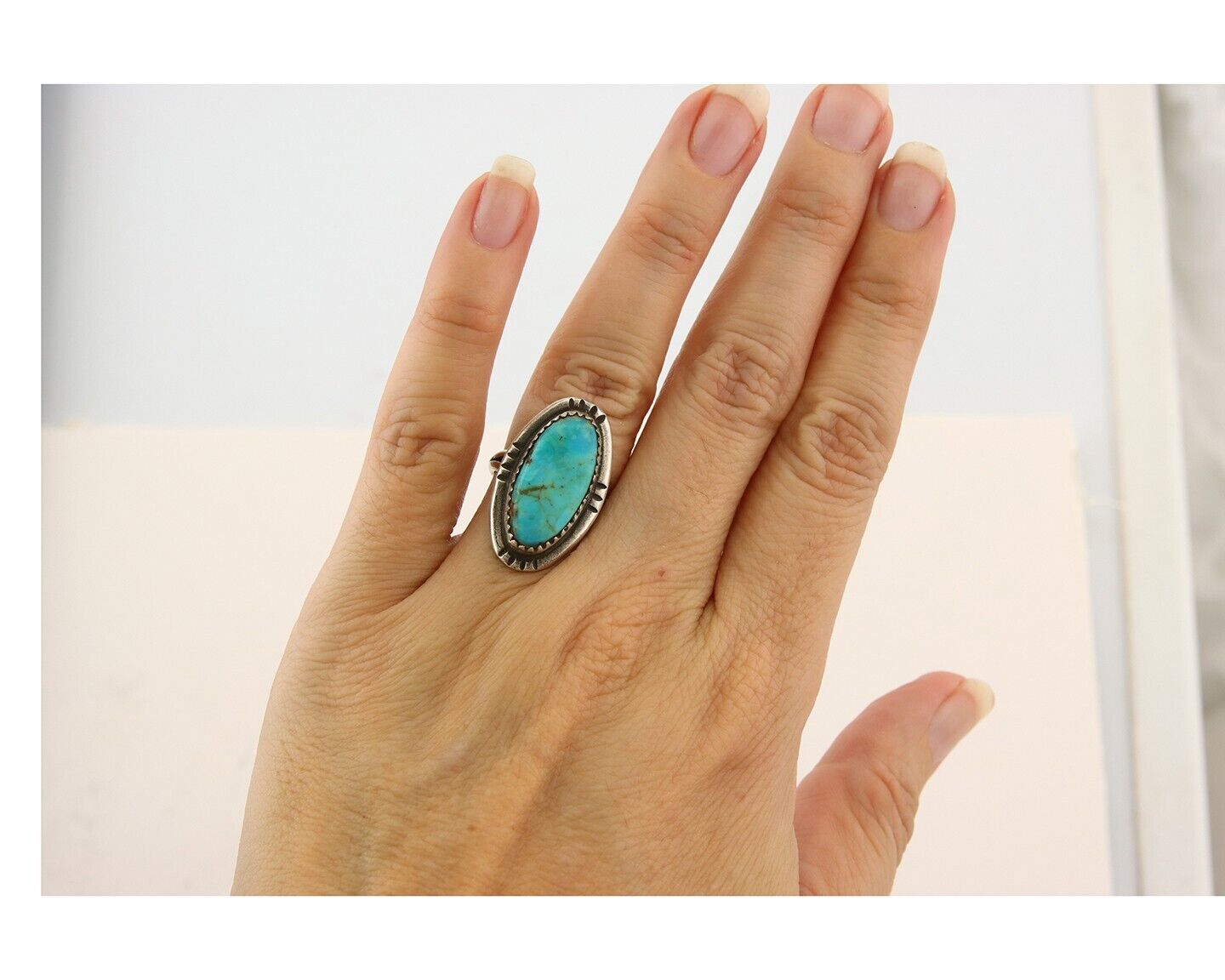 Navajo Ring 925 Sterling Turquoise Handmade Native Artist C.80's Size 4.75