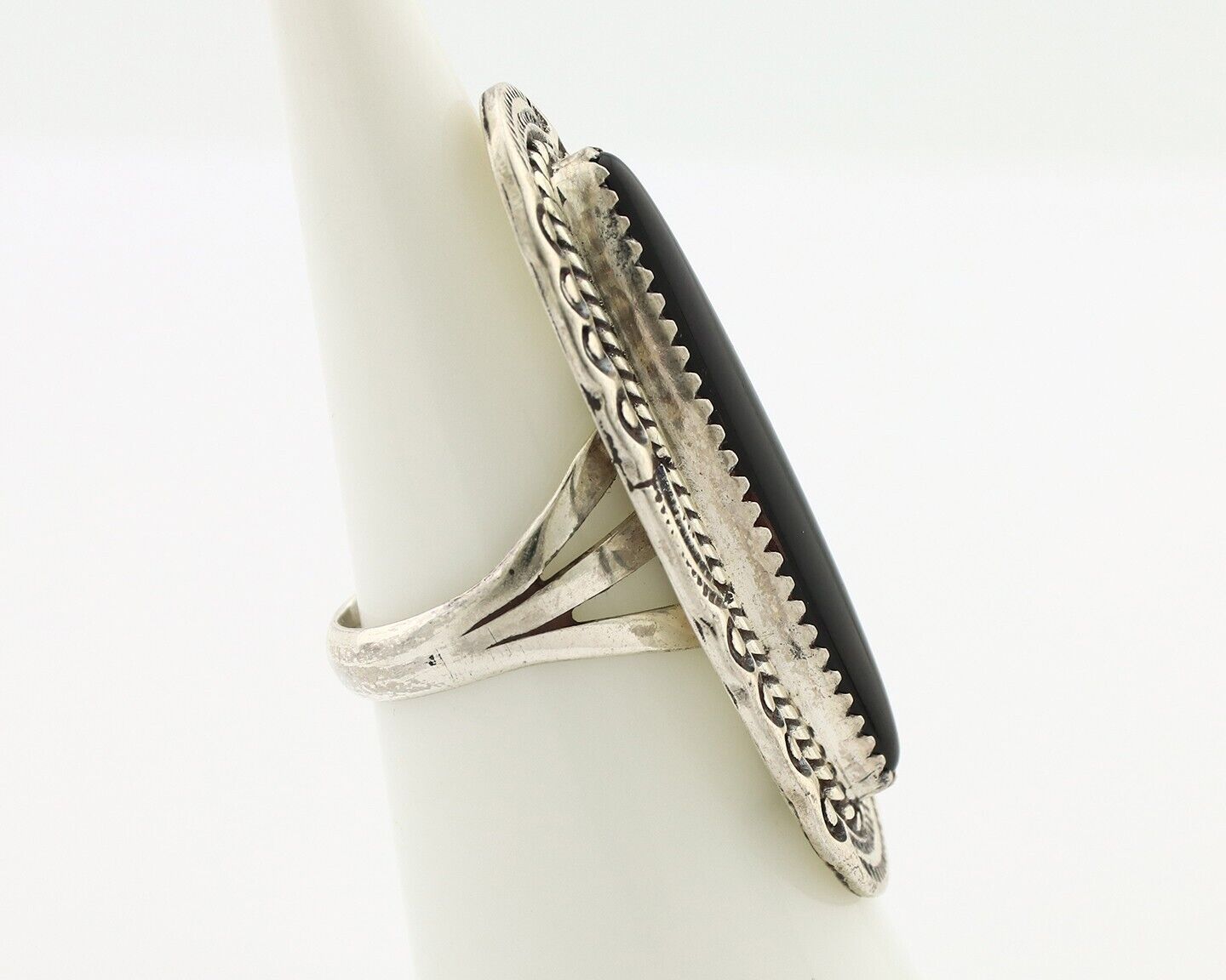 Navajo Ring 925 Silver Onyx Hand Stamped Native American Artist C.80's