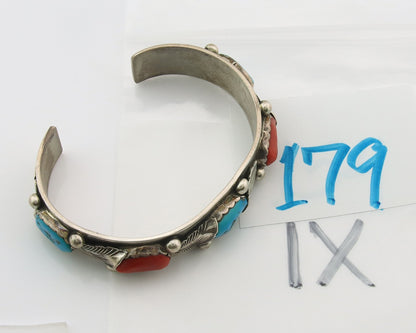 Zuni Cuff Bracelet Sterling Silver Natural Coral & Turquoise Signed Simplicio