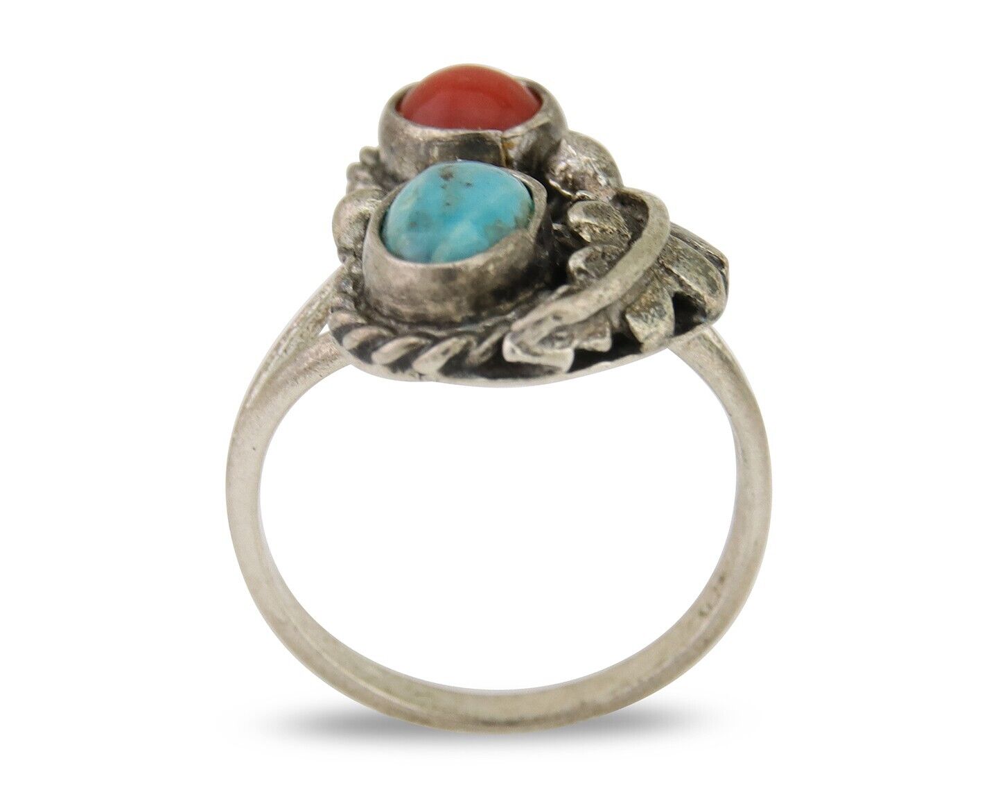 Navajo Handmade Ring 925 Silver Coral & Turquoise Native Artist C.80's