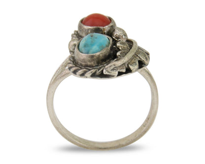 Navajo Handmade Ring 925 Silver Coral & Turquoise Native Artist C.80's