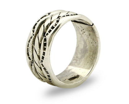 Navajo Ring .925 Silver Handmade Hand Stamped 3 Row Rope Band C.1980's Size 6.75