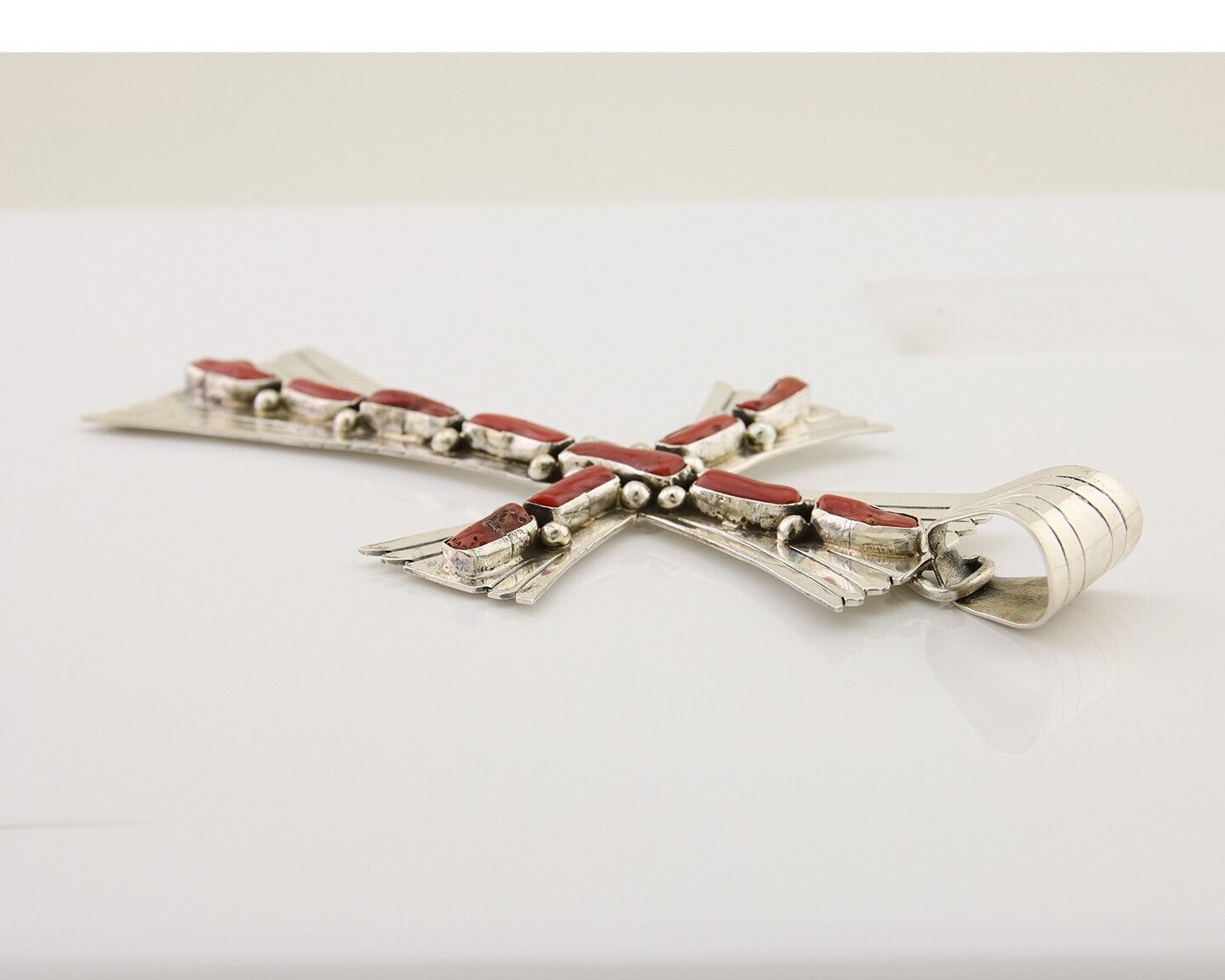 Large Navajo Cross Pendant 925 Silver Mediterranean Coral Artist Signed JB C.80s