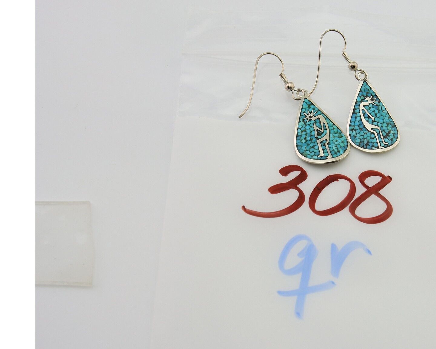Navajo Kokopelli Earrings 999 Nickel Chip Inlay Turquoise Coral Native American