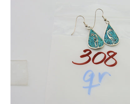 Navajo Kokopelli Earrings 999 Nickel Chip Inlay Turquoise Coral Native American