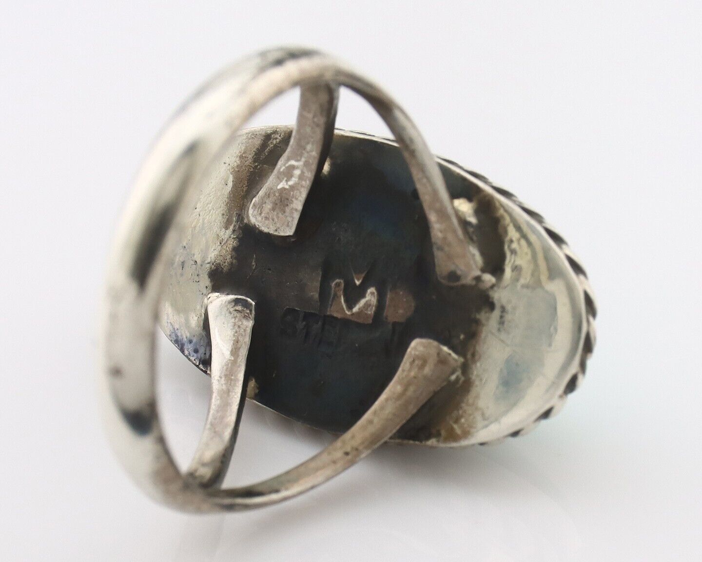 Navajo Ring 925 Silver Natural Kingman Turquoise Signed M Montoya C.80's