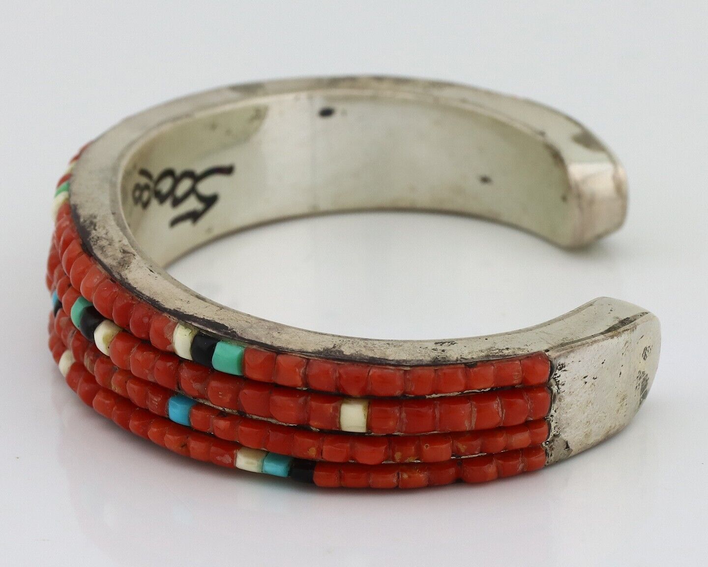 Navajo Bracelet 925 Silver Natural Red Coral & Gemstones Native American C.80's