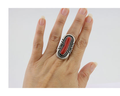 Navajo Ring 925 Silver Mediterranean Coral Native Artist Size 6.0
