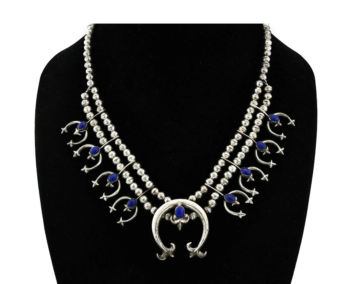 Navajo Squash Necklace Earring Set Sterling Silver Lapis Vintage C.80's