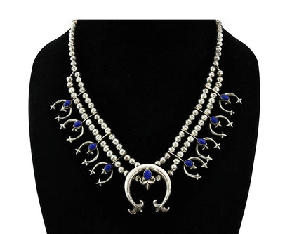 Navajo Squash Necklace Earring Set Sterling Silver Lapis Vintage C.80's