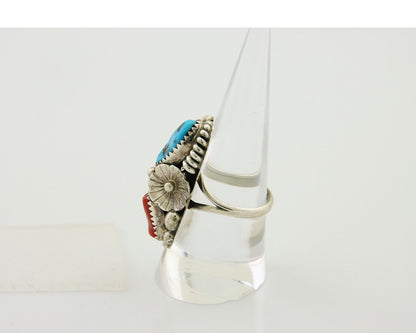 Navajo Handmade Ring 925 Silver Coral & Turquoise Signed Circle Max C.80's