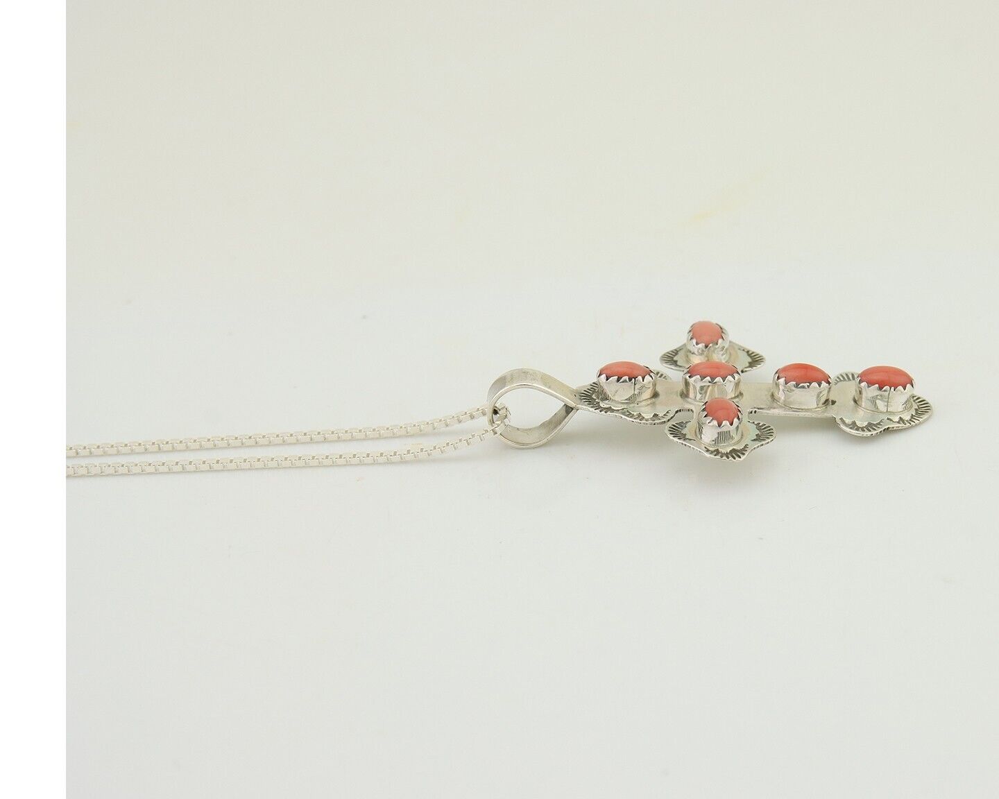 Navajo Cross Necklace 925 Silver Mediterranean Coral Artist Signed CB C80s