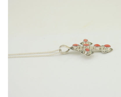 Navajo Cross Necklace 925 Silver Mediterranean Coral Artist Signed CB C80s