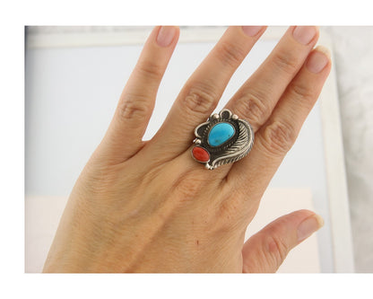 Navajo Ring 925 Sterling Natural Coral & Turquoise Native Artist C.80's Sz 6.0
