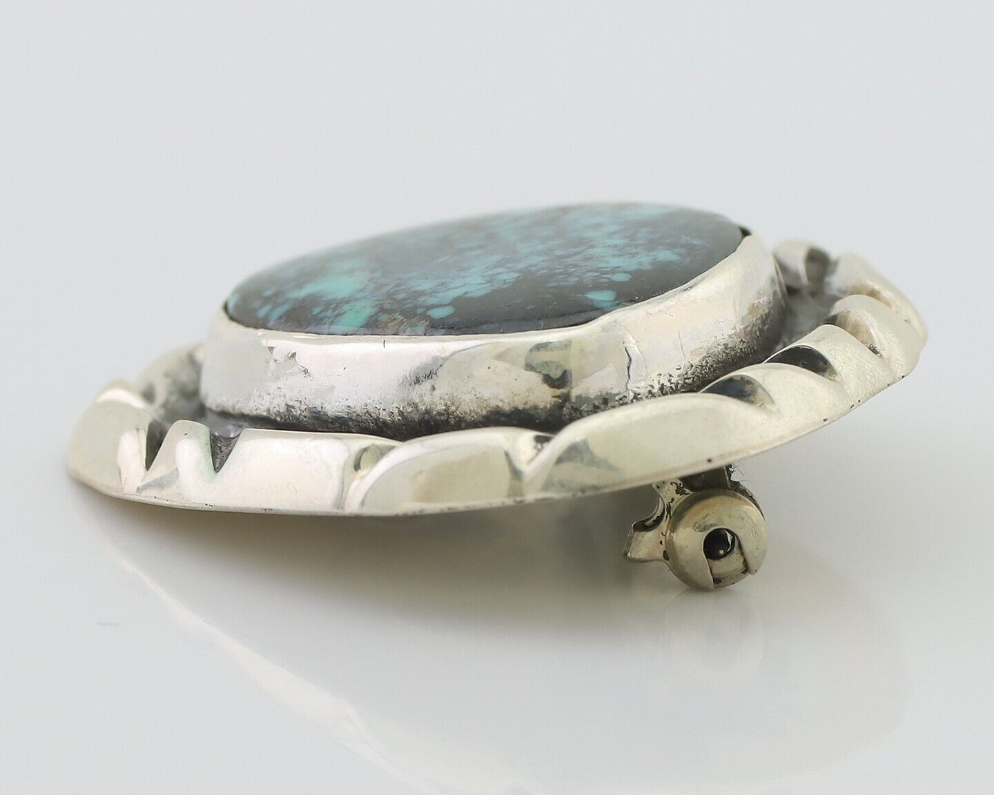 Navajo Pin 925 Silver Natural Spiderweb Turquoise Signed C Raincloud C.80's