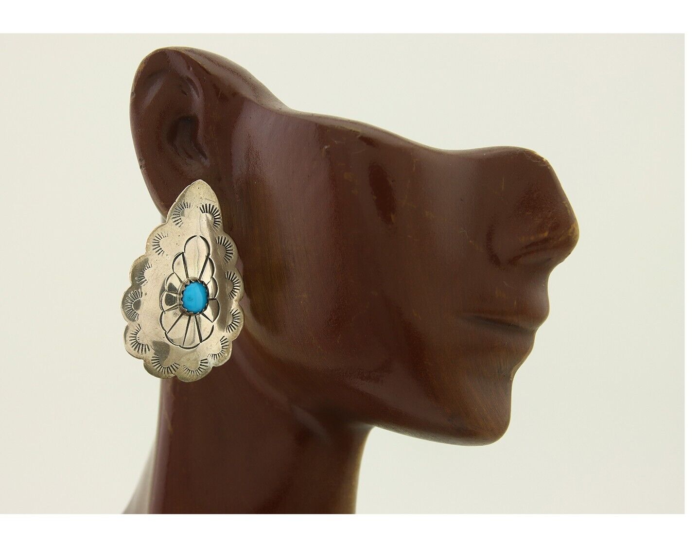 Navajo Earrings 925 Silver Concho Hand Stamped Turquoise Native Artist C.80's