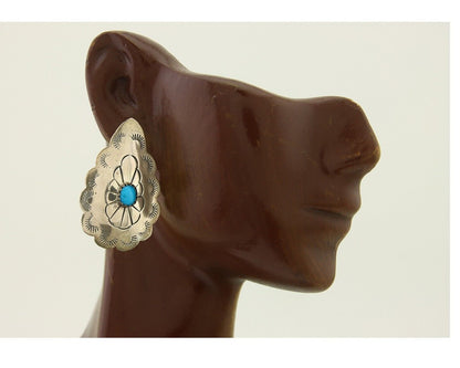 Navajo Earrings 925 Silver Concho Hand Stamped Turquoise Native Artist C.80's