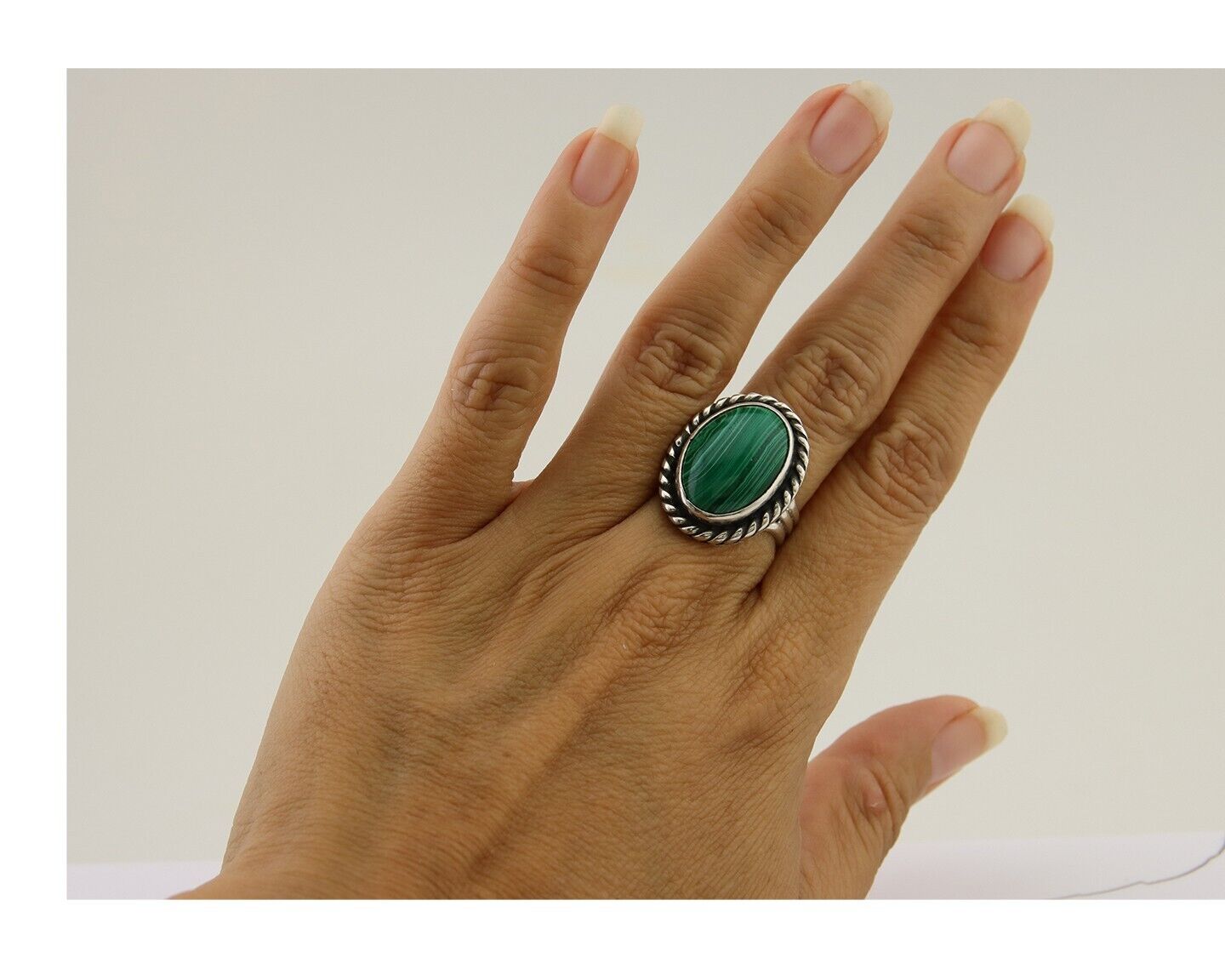 Navajo Ring 925 Silver Natural Malachite Native American Artist C.80's