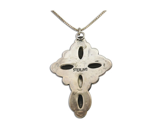 Navajo Cross Hand Stamped Necklace 925 Silver Turquoise Artist JRS C.80's