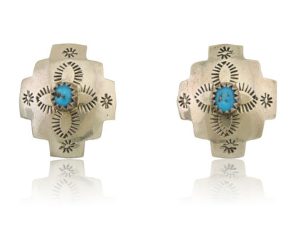 Navajo Hand Stamped Earrings 925 Silver Turquoise Native American Artist C.80's