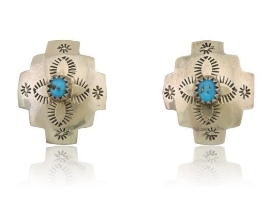 Navajo Hand Stamped Earrings 925 Silver Turquoise Native American Artist C.80's