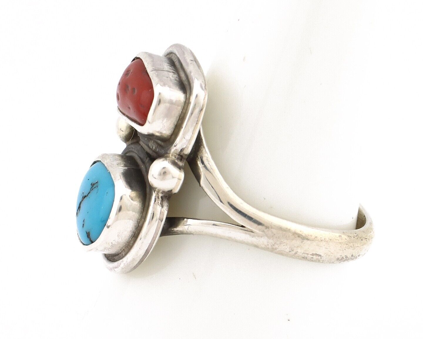 Navajo Ring 925 Silver SB Turquoise & Red Coral Native American Artist C.80s