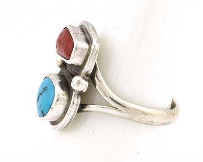 Navajo Ring 925 Silver SB Turquoise & Red Coral Native American Artist C.80s