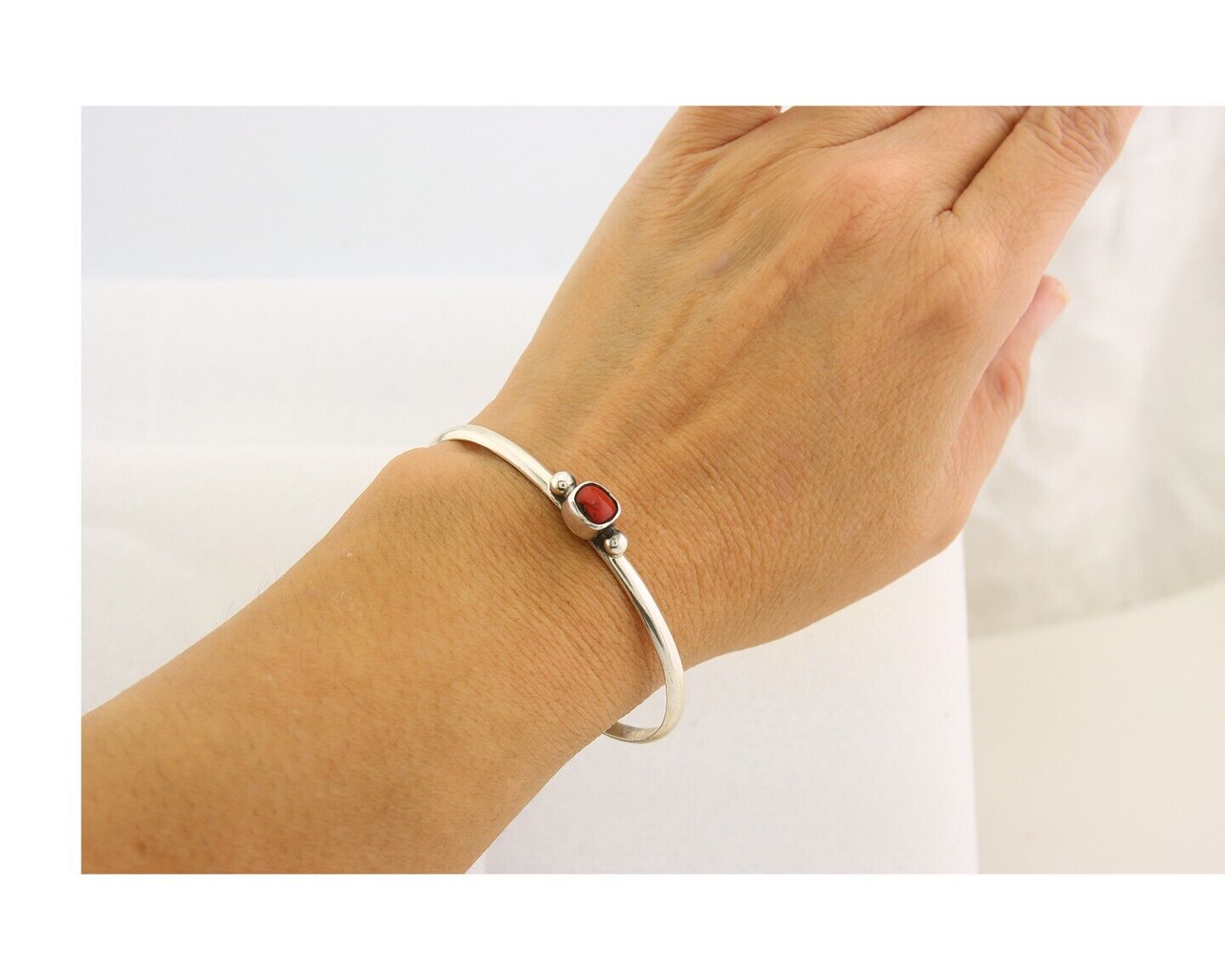 Navajo Bracelet .925 Silver Natural Red Coral Cuff Native American Artist C.80's