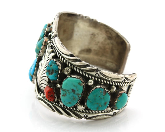 Navajo Cuff Bracelet Sterling Silver Gemstone Vintage Signed Herbert Taylor