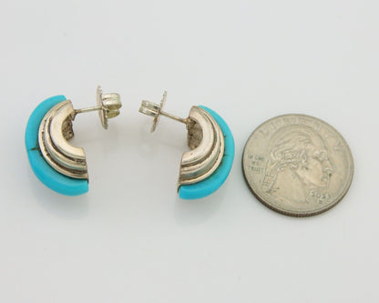 Navajo Half Hoop Earrings 925 Silver Natural Turquoise Artist Signed ShaRay C80s