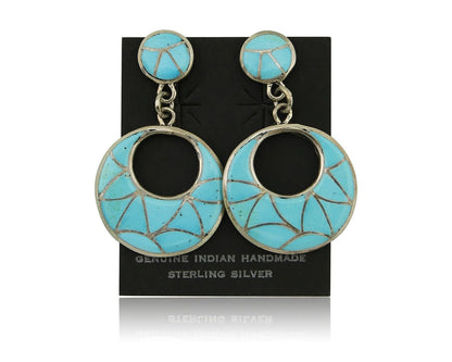 Zuni Dangle Earrings 925 Silver Natural Blue Turquoise Signed ELB C.80's