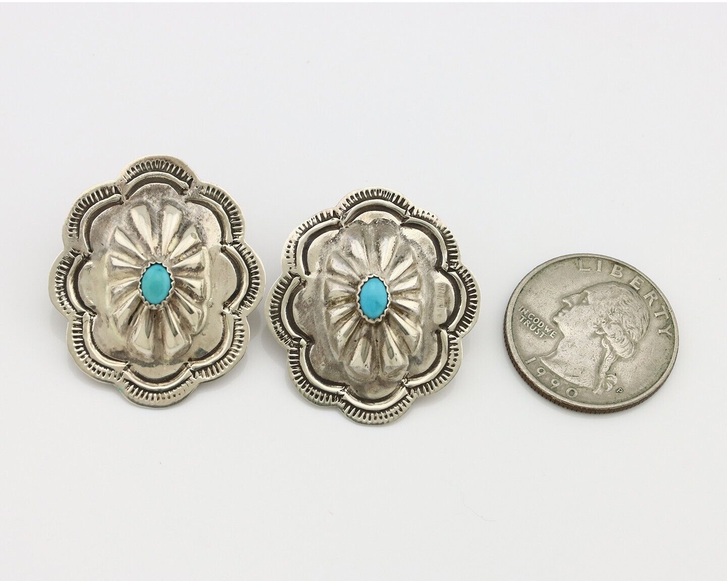 Navajo Hand Stamped Earrings 925 Silver Turquoise Native Artist C.80's