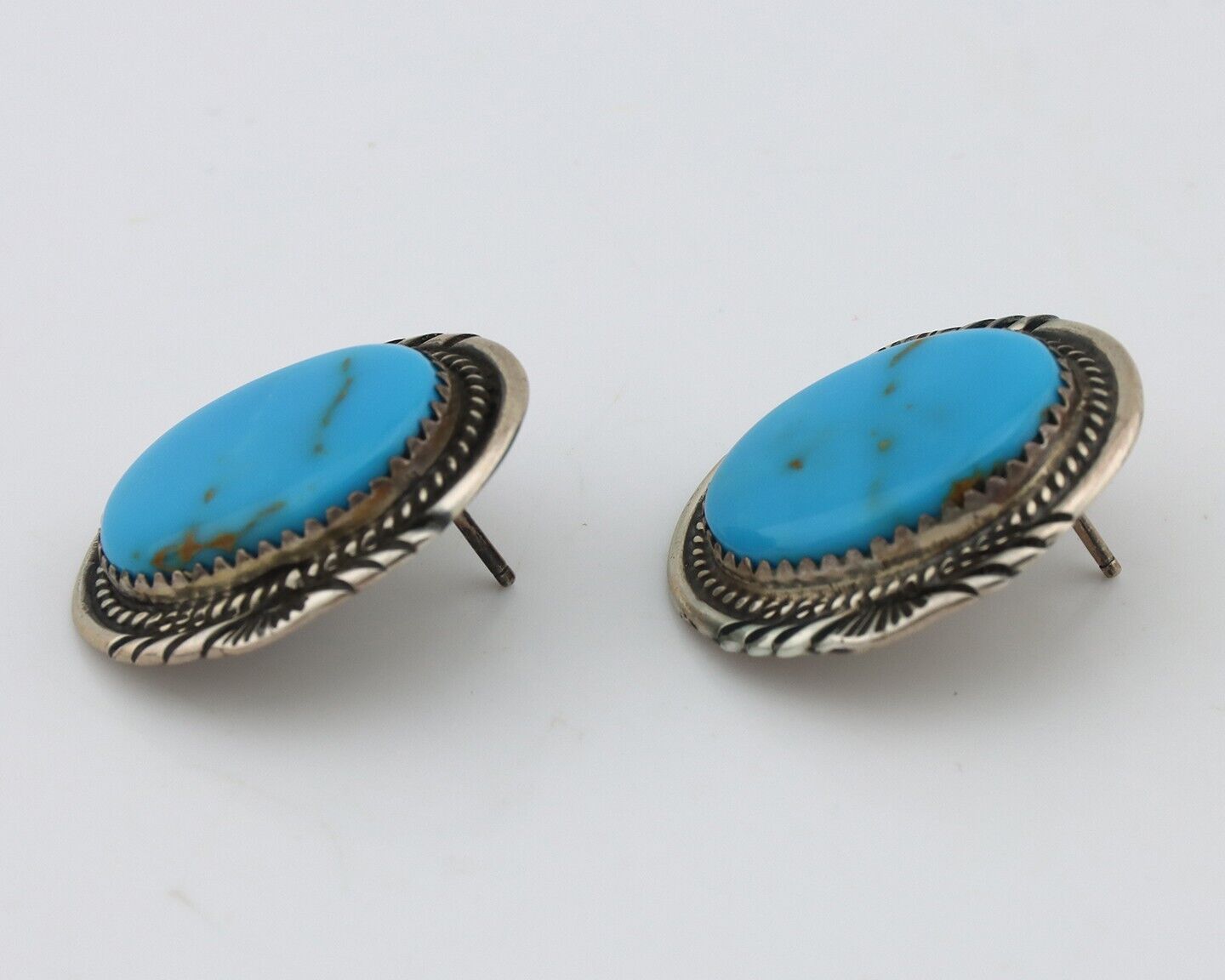 Navajo Hand Stamped Earrings 925 Silver Natural Turquoise Signed M Begay C.80s