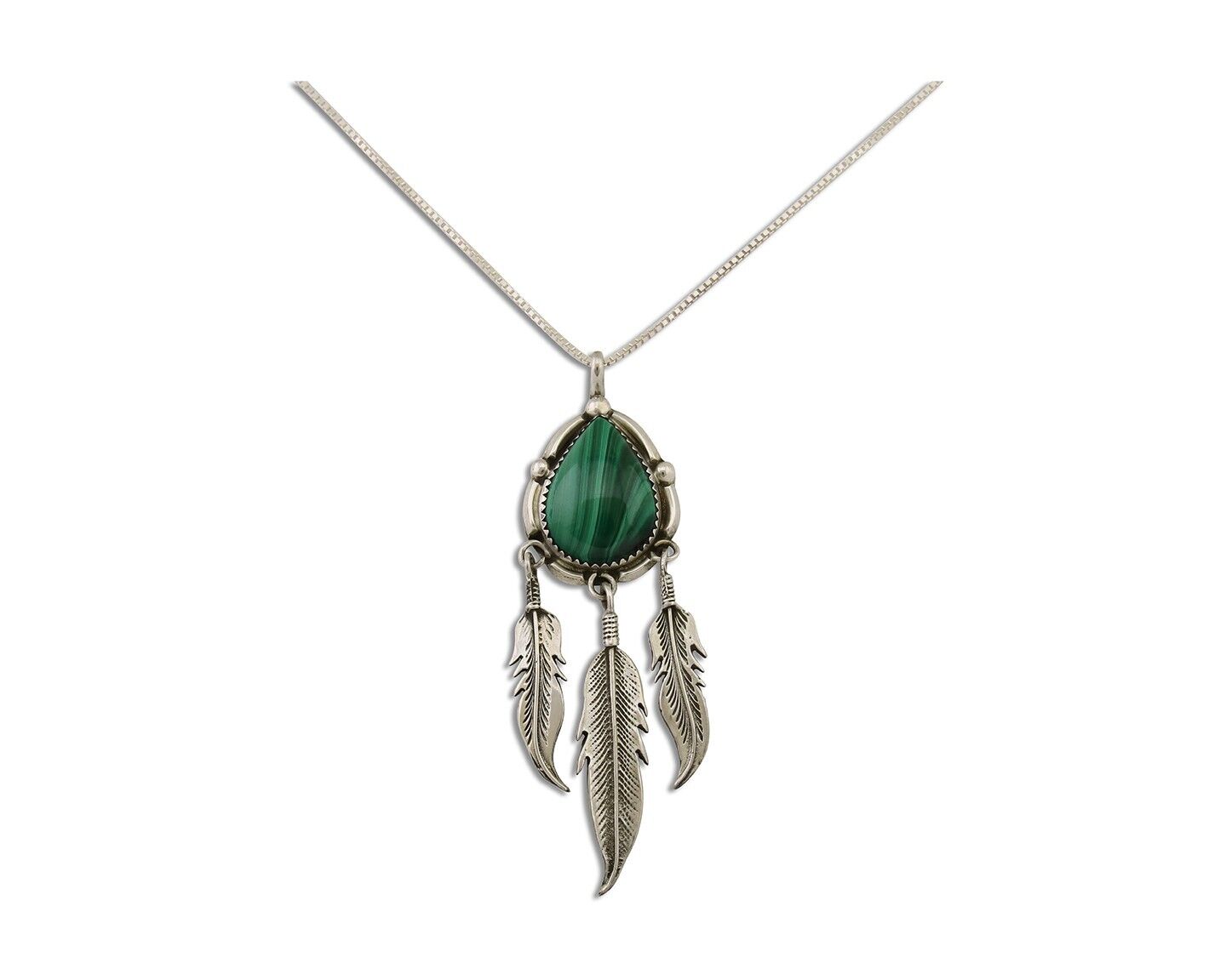 Large Navajo Pendant 925 Silver Natural Malachite Native American Artist C.80's