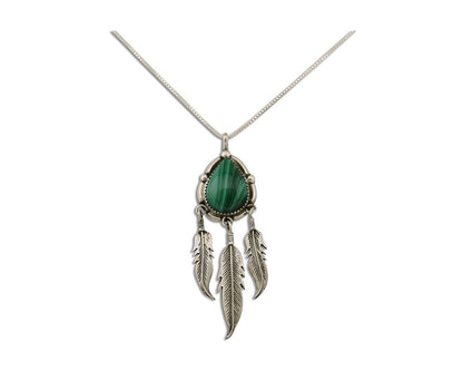 Large Navajo Pendant 925 Silver Natural Malachite Native American Artist C.80's