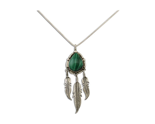 Large Navajo Pendant 925 Silver Natural Malachite Native American Artist C.80's