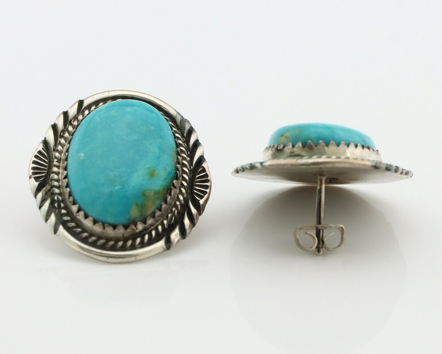 Navajo Hand Stamped Earrings 925 Silver Natural Turquoise Signed M Begay C.80's